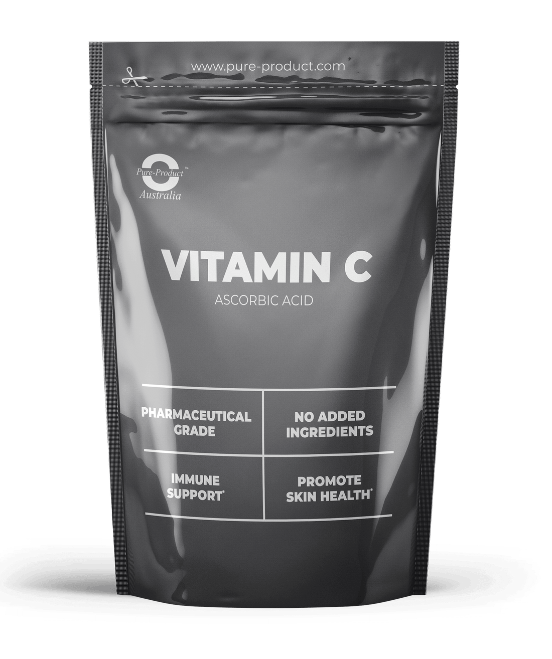 Black pouch of Ascorbic Acid Vitamin C supplement for immune support and skin health with no added ingredients.