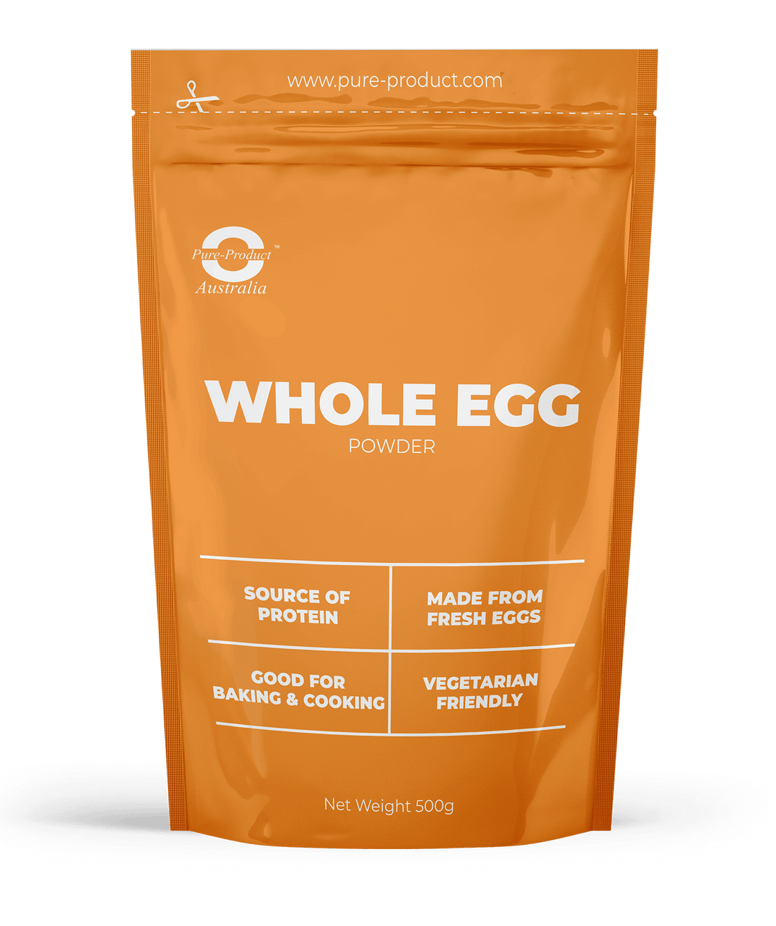 Whole Egg Powder 500g bag made in Australia from fresh eggs, great for baking, cooking, protein source, and vegetarian friendly.