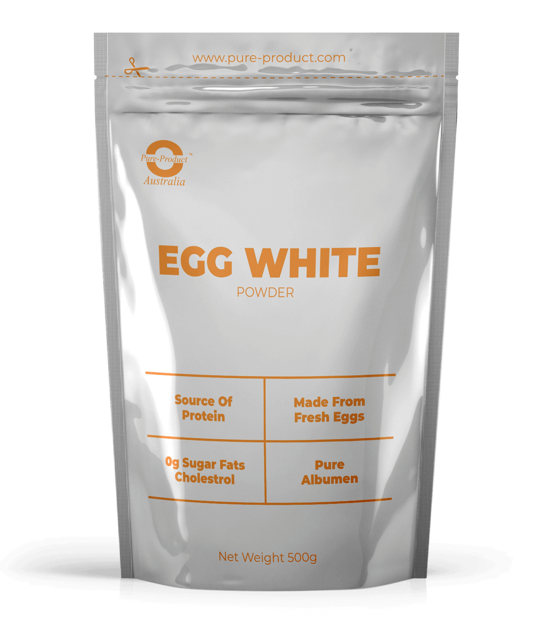 High-Protein Pure Product Australia Egg White Powder in 500g pack, made from fresh eggs, no sugar, fat, or cholesterol