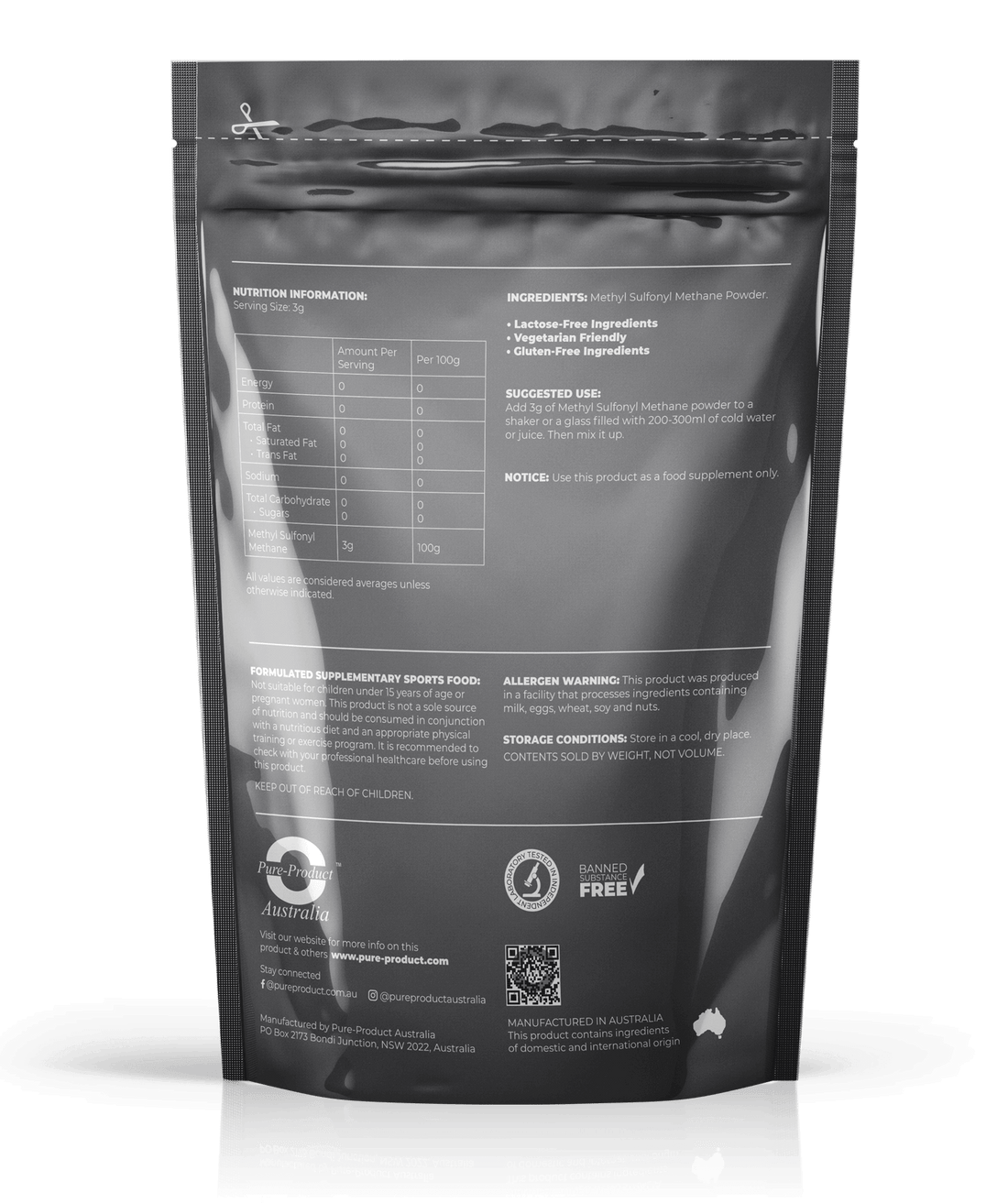 Methyl Sulfonyl Methane (MSM) supplement